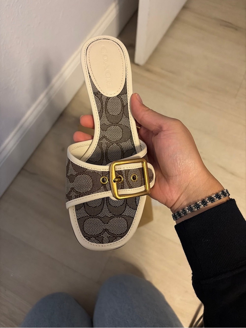 Coach Brown Signature Canvas Slide with Cream Trim and Gold Buckle